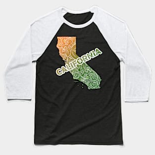 Colorful mandala art map of California with text in green and orange Baseball T-Shirt